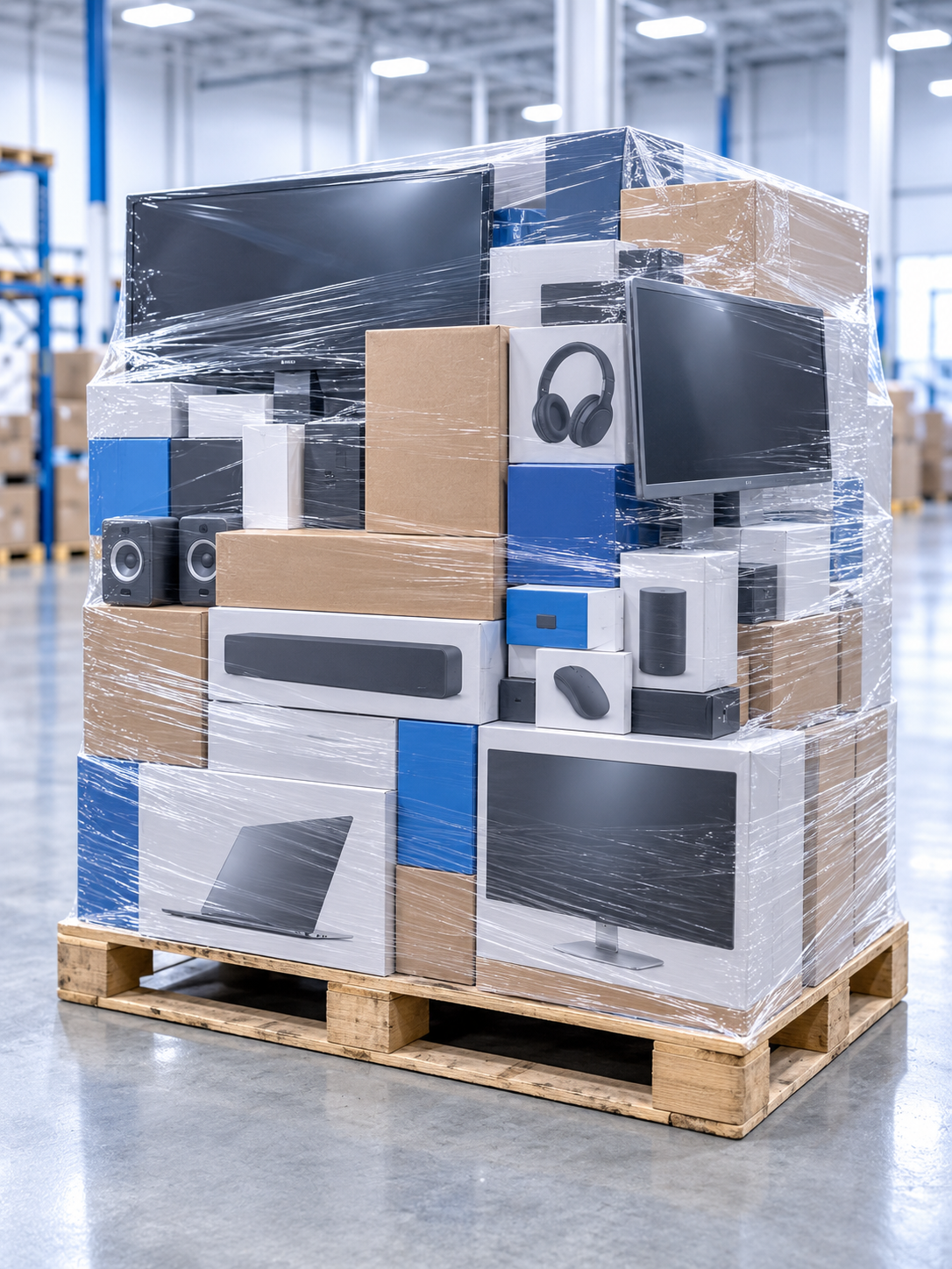 Illustrative mixed electronics pallet in a warehouse