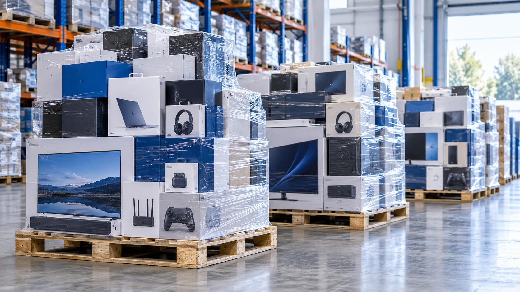 Illustrative warehouse scene showing mixed electronics pallets
